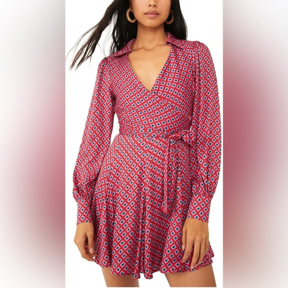 FREE PEOPLE S It Takes Two Lng Sleeve Geometric Belted Open Back Mini Dress Pink - Picture 1 of 14